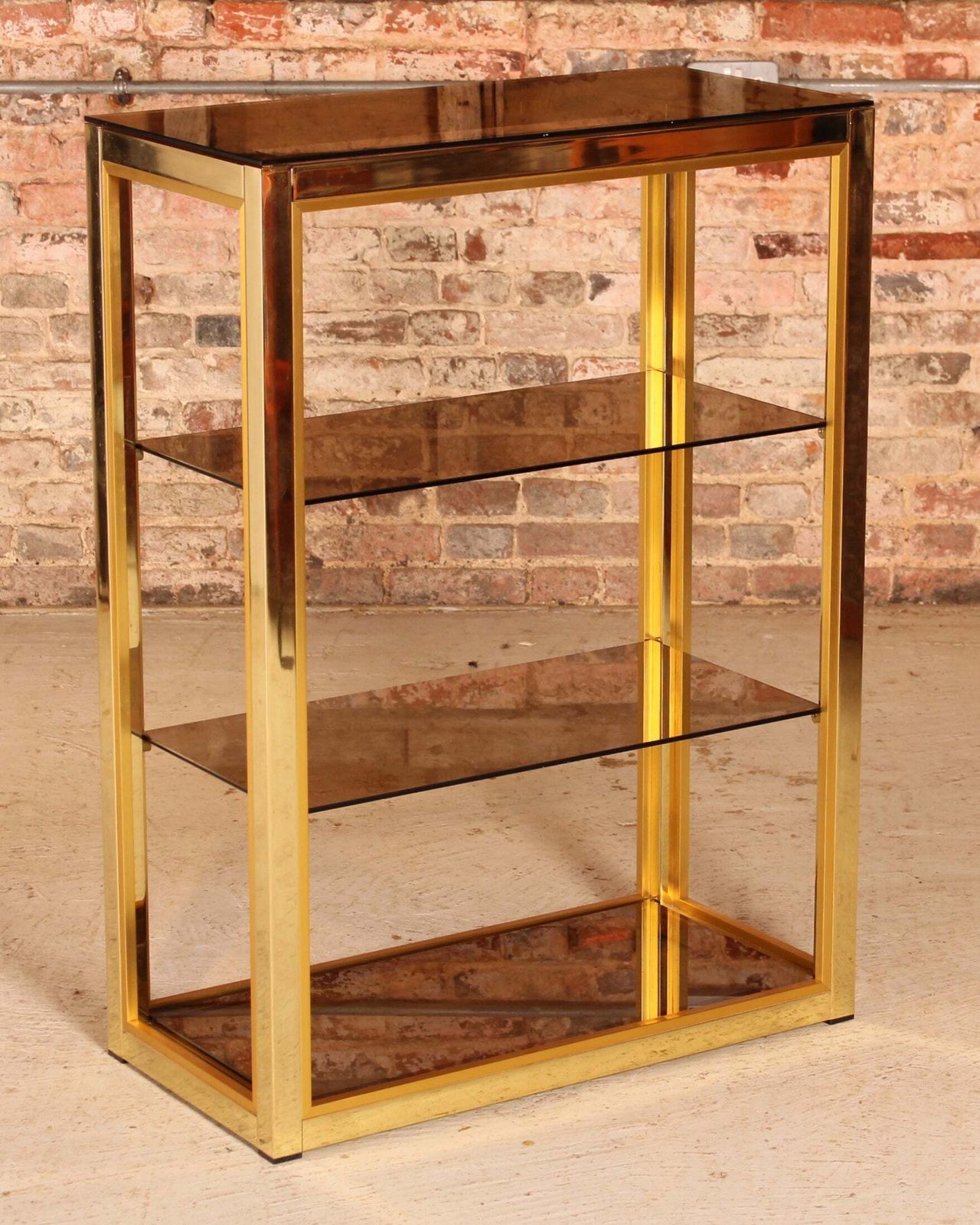 Italian Hollywood Regency Brass And Smoked Glass Etagere