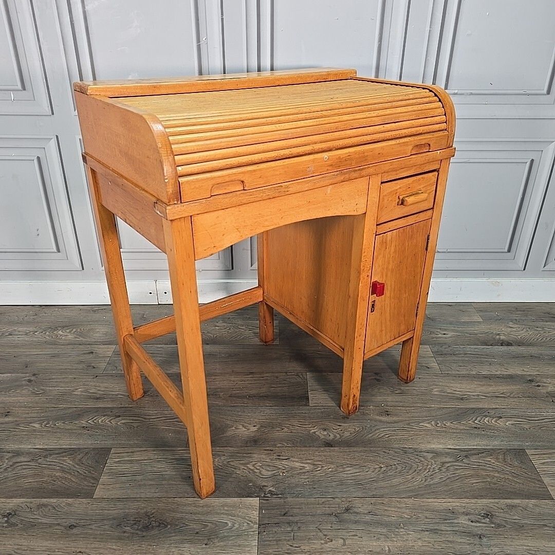 Vintage Roll Top Desk Child's School Writing Solid Wood Tambour