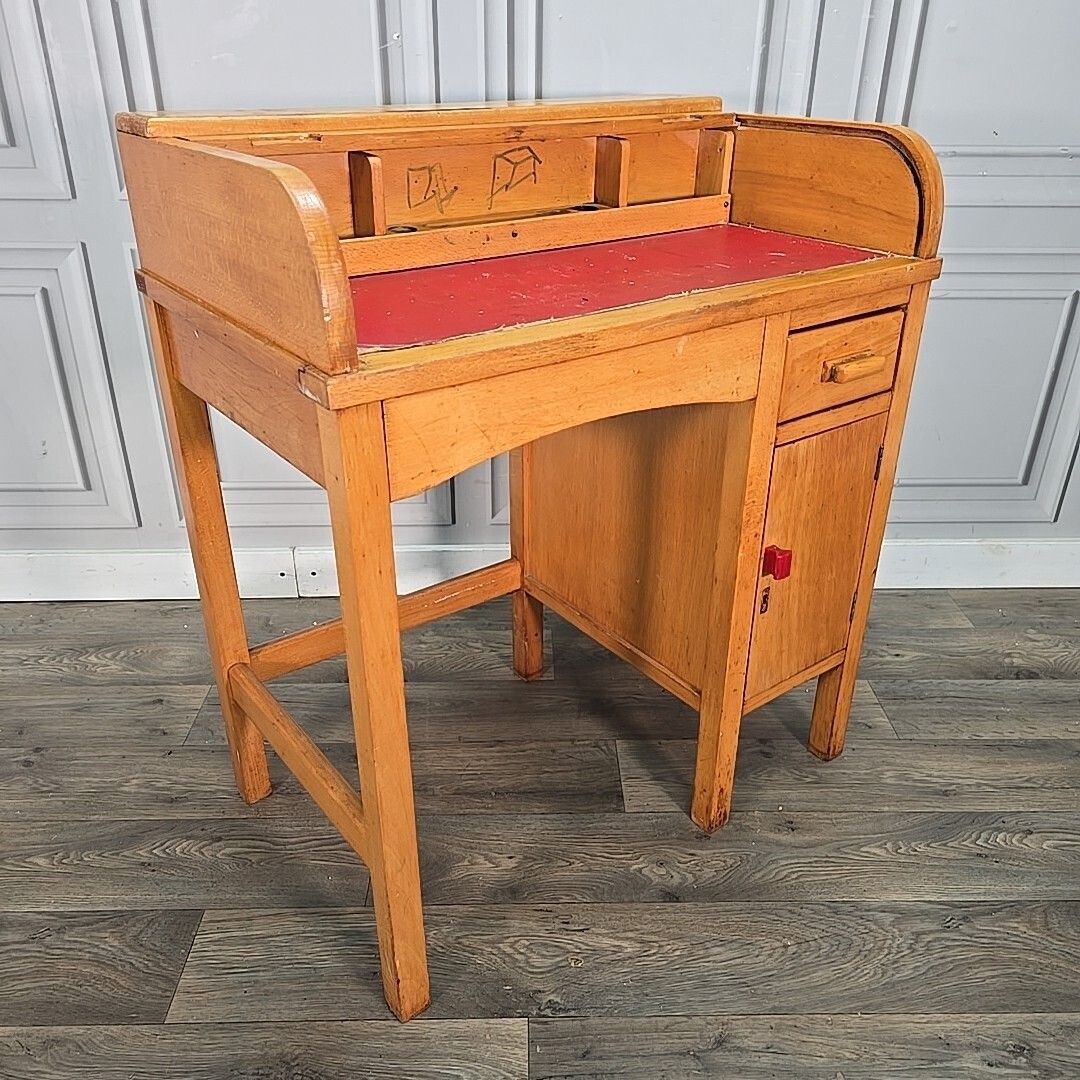 Vintage Roll Top Desk Child's School Writing Solid Wood Tambour