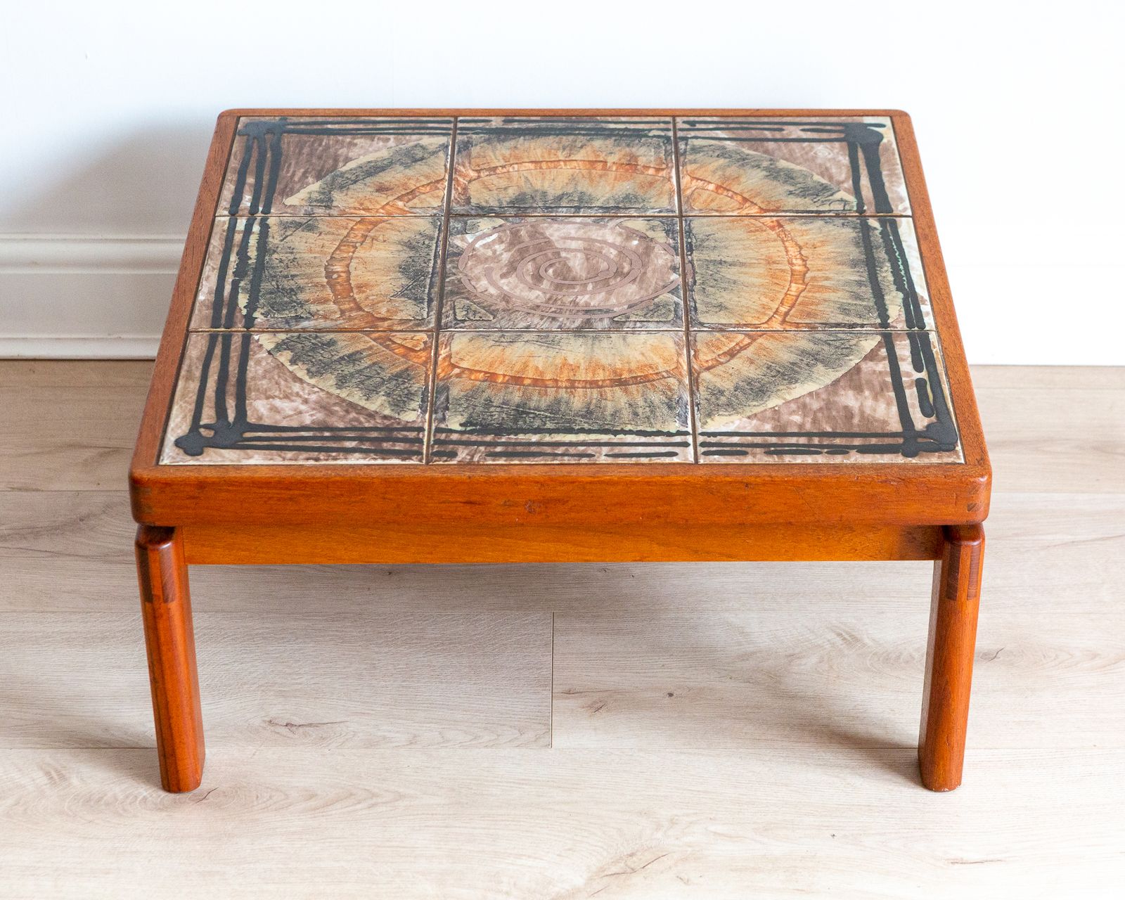Signed Danish Ceramic Tiled Floating Ox Art Trioh Coffee Table