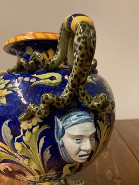 Antique Trilobed Majolica Vase Ginori 1860 With Festoons. Blue