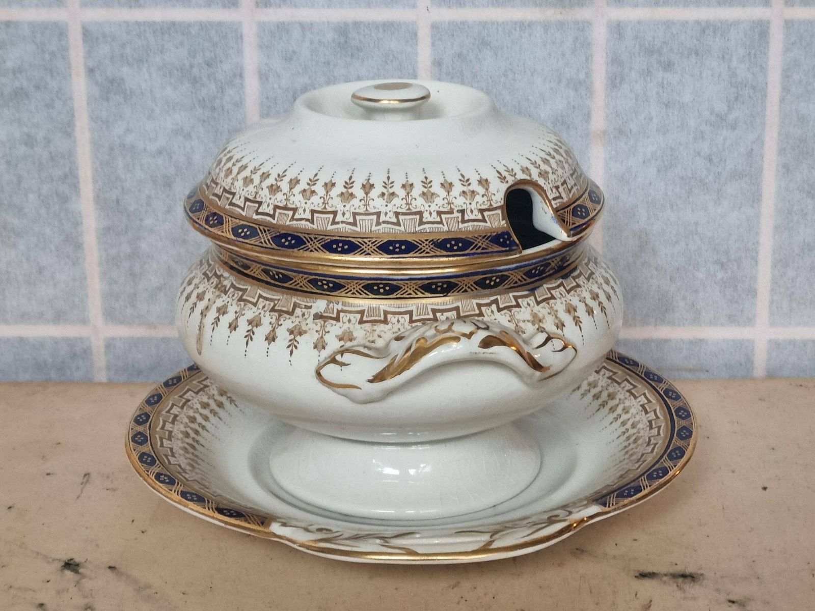 Royal Doulton Victorian Serving Bowl | Rare Blue Gold Pattern Soup