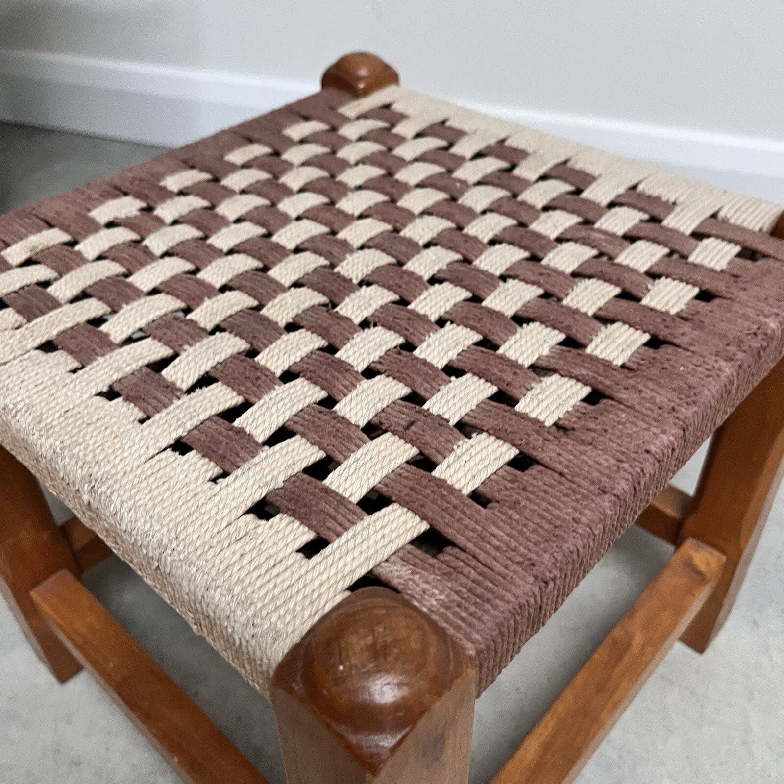 Vintage Antique Retro Wooden Woven Weave Wicker Rope Seat Stool