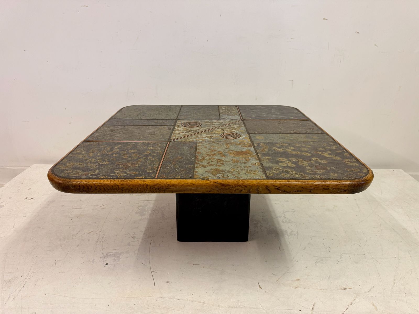Brutalist Slate And Stone Coffee Table With Copper Inlay In The