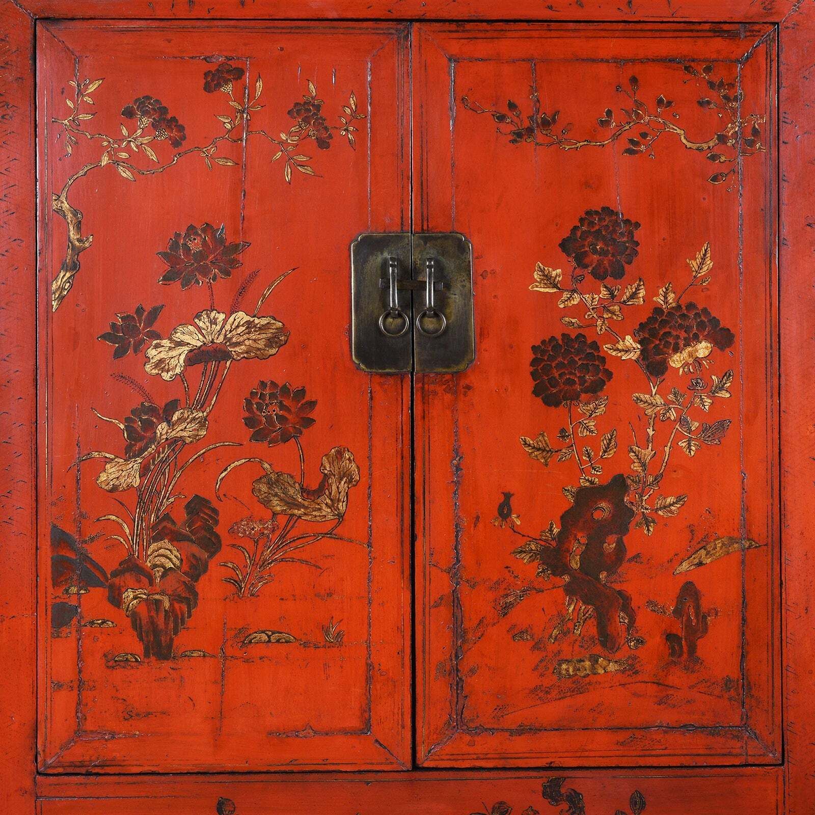 Antique Chinese Red Lacquer Wedding Cabinet From Shanxi 19thc