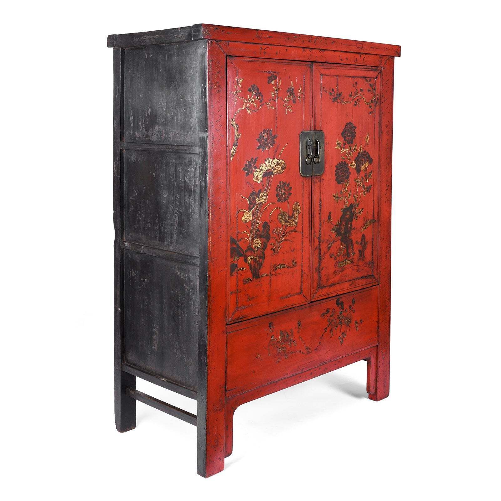 Antique Chinese Red Lacquer Wedding Cabinet From Shanxi 19thc