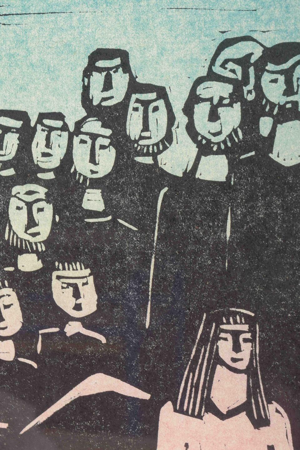 åke Holm. Woodcut With Group Figures. Color Print In Black, Pink