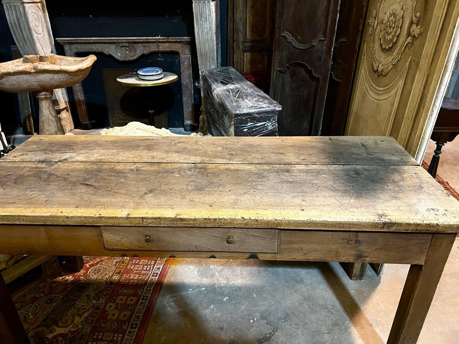 Rustic Solid Walnut Tavern Table With Drawers, Italy | Vinterior