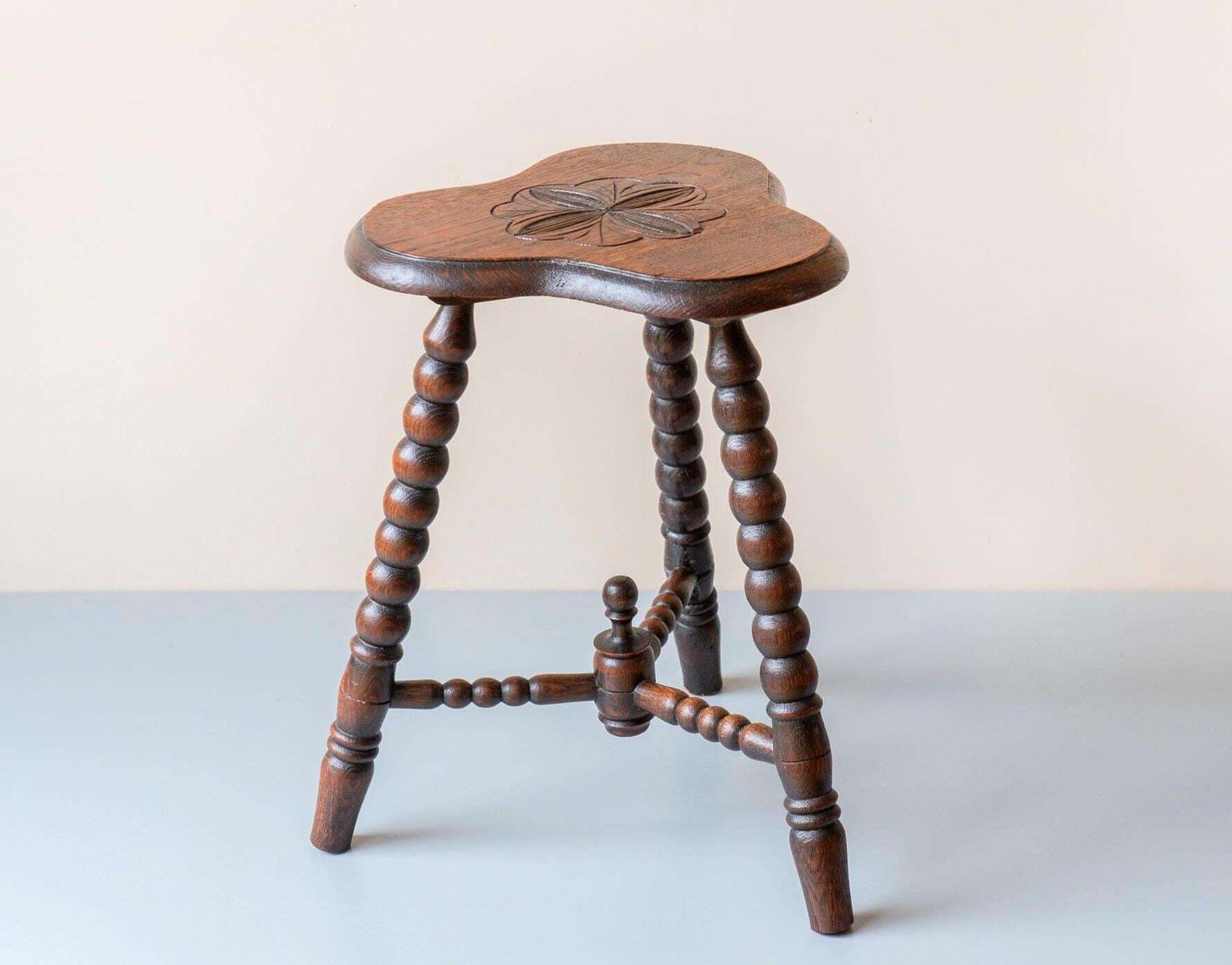 Antique Oak Stool Clover Seat Turned Bobbin Legs Folk Art Side Table ...