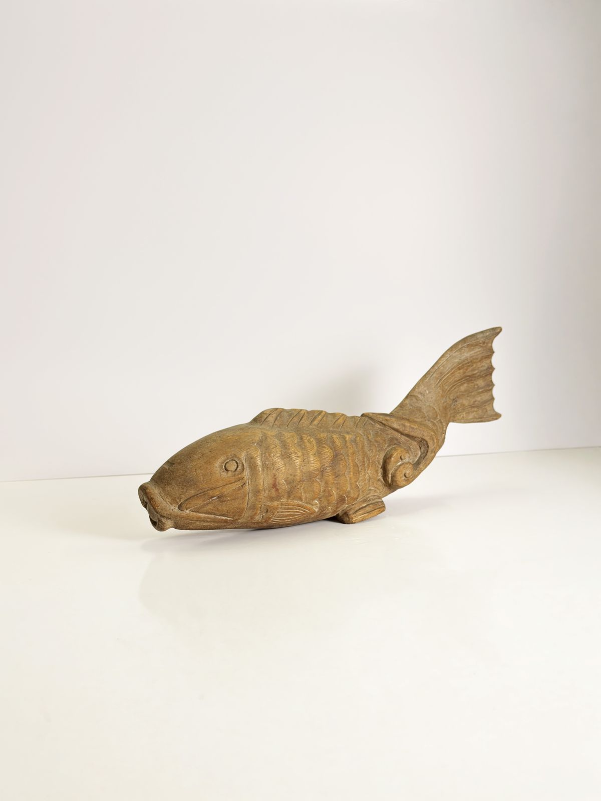 Meiji Japanese Carved Keyaki Wood Koi Carp, Folk Art Yokogi Form