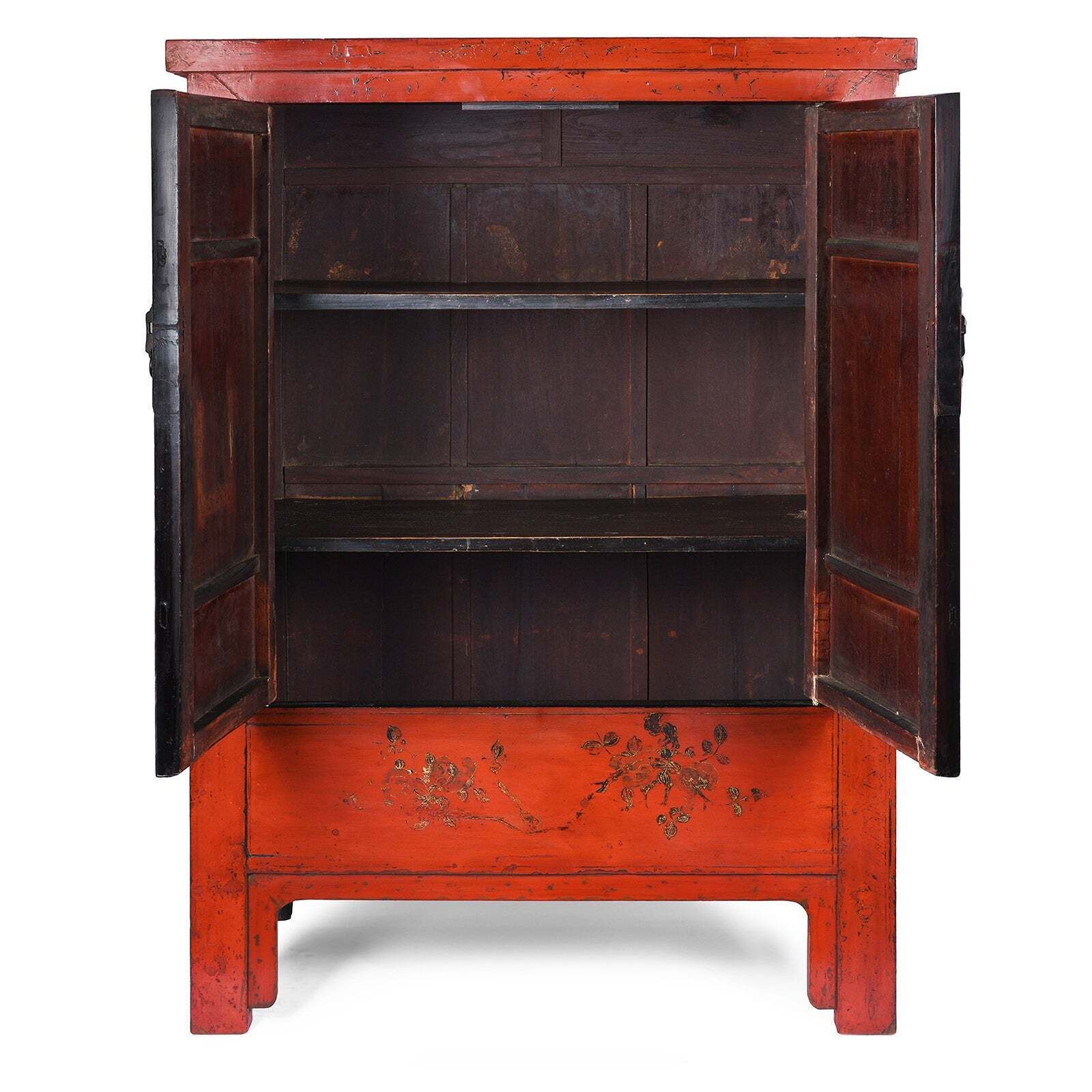 Antique Chinese Red Lacquer Wedding Cabinet From Shanxi 19thc