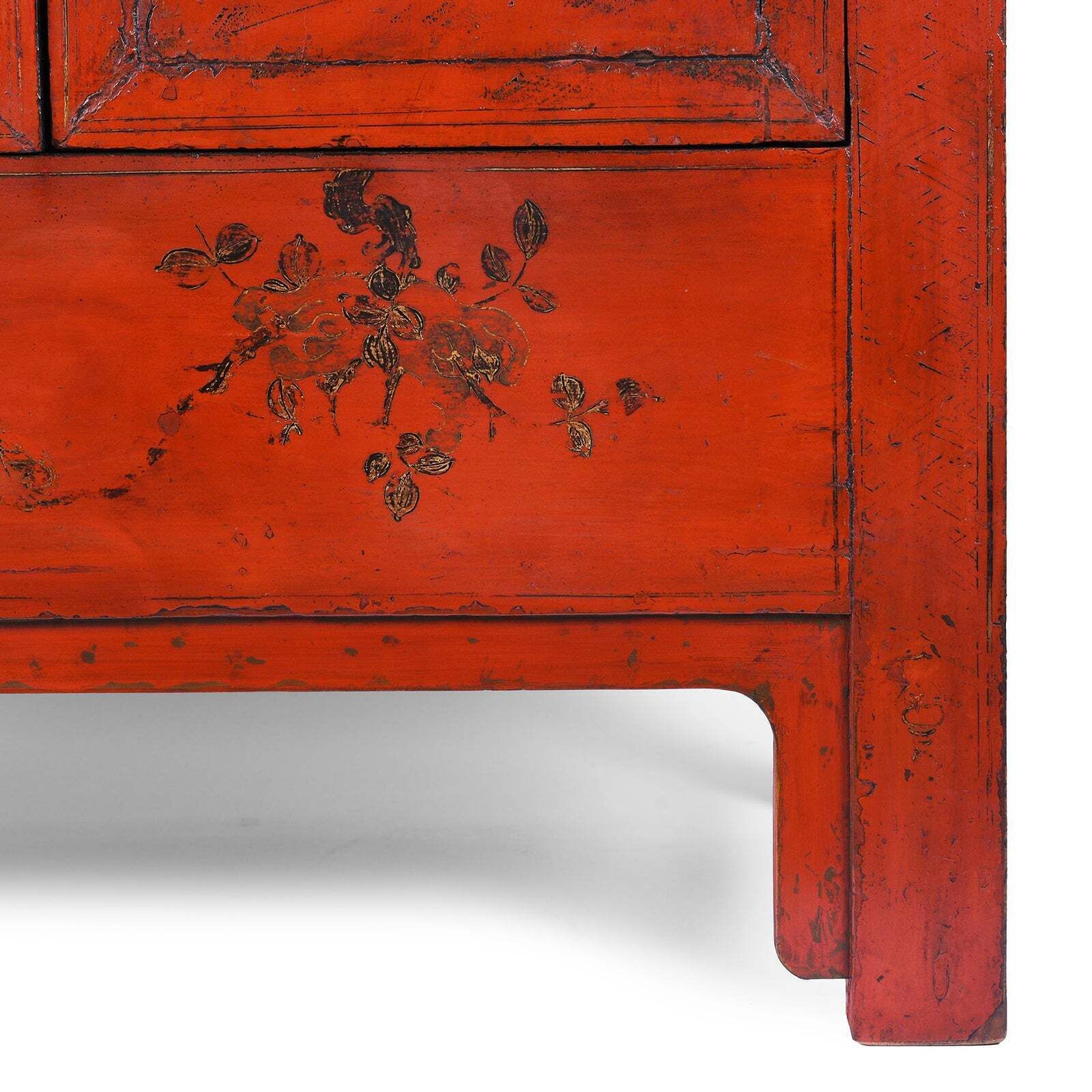 Antique Chinese Red Lacquer Wedding Cabinet From Shanxi 19thc