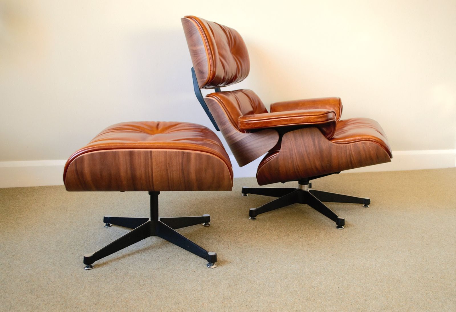 Restored Early 2000s Italian Charles Eames Lounge Chair Set, Dark Tan ...