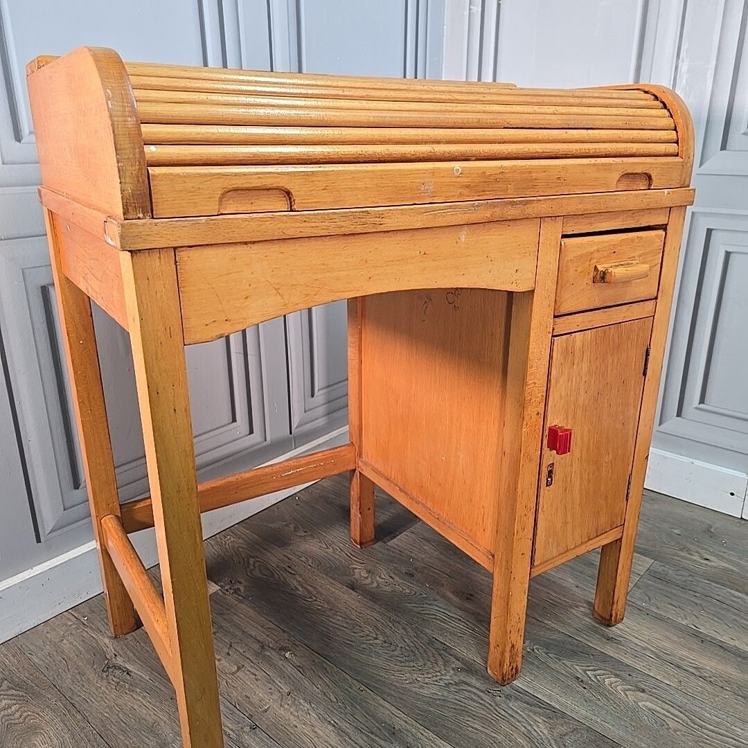Vintage Roll Top Desk Child's School Writing Solid Wood Tambour