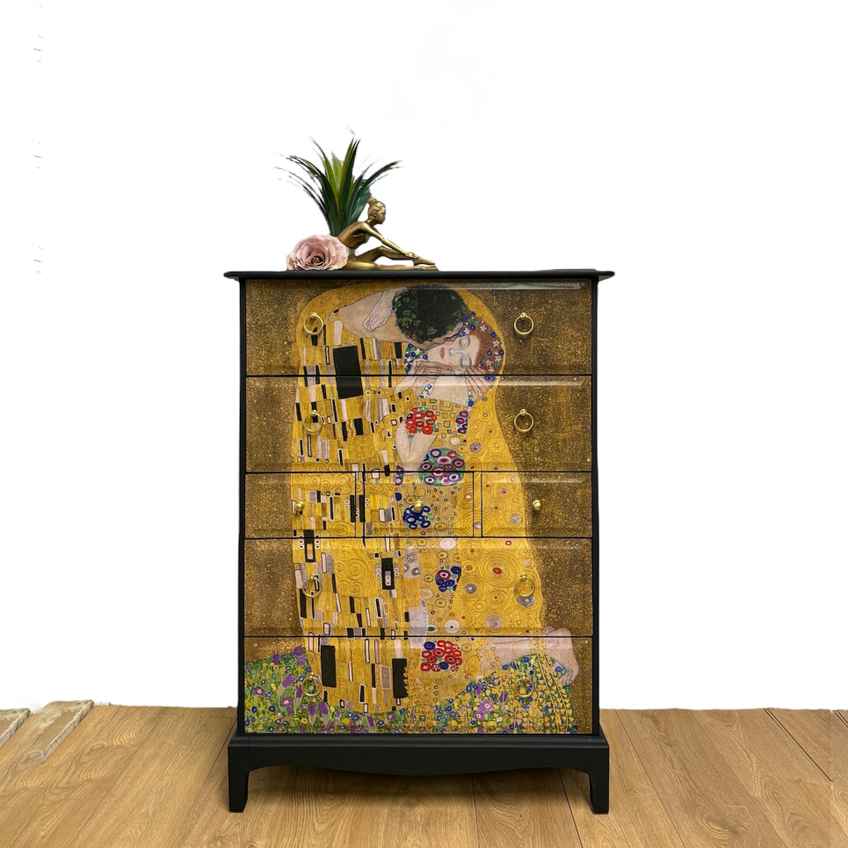 Made To Order Refinished Stag Minstrel Chest Of Drawers In Black With Gold  Handles, Decoupaged, Mid Century, Sideboard, Bedroom Dresser | Stag |  Vinterior