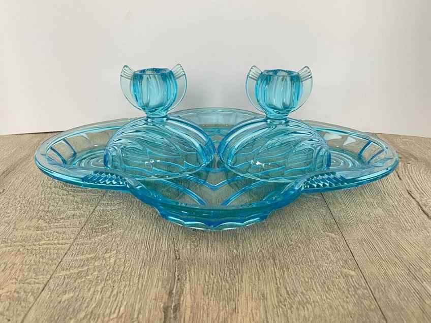 Vintage 1930s Blue Depression Glass Dressing Table Vanity Set With  Candlesticks And Trinket Bowls | Vinterior