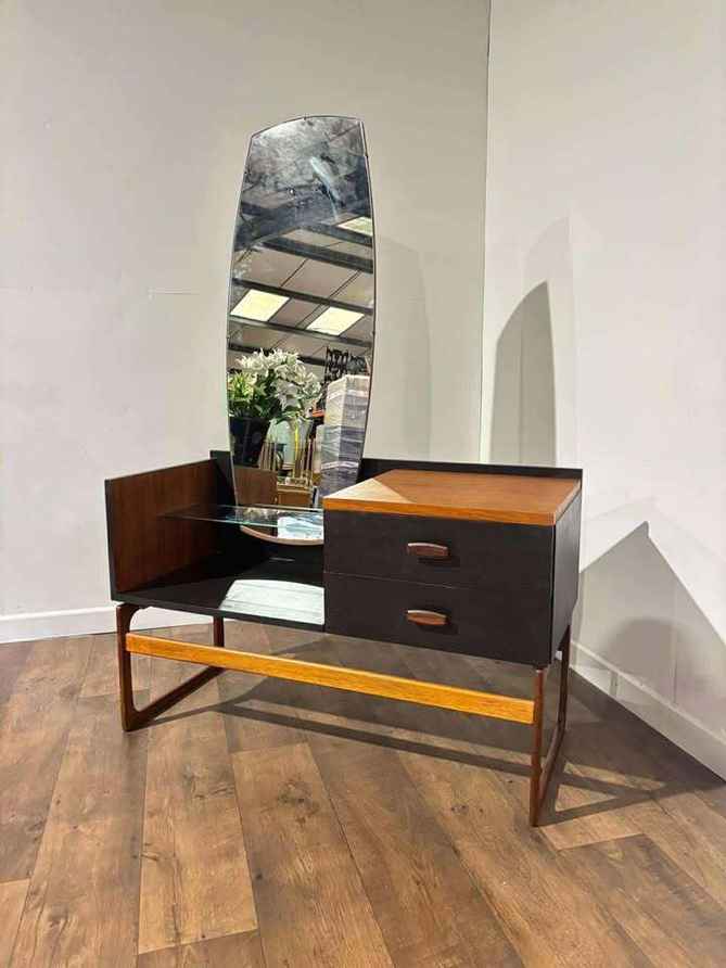 Mid Century Stag Compact Makeup Table, Refinished In Matt Black & Teak. |  Stag