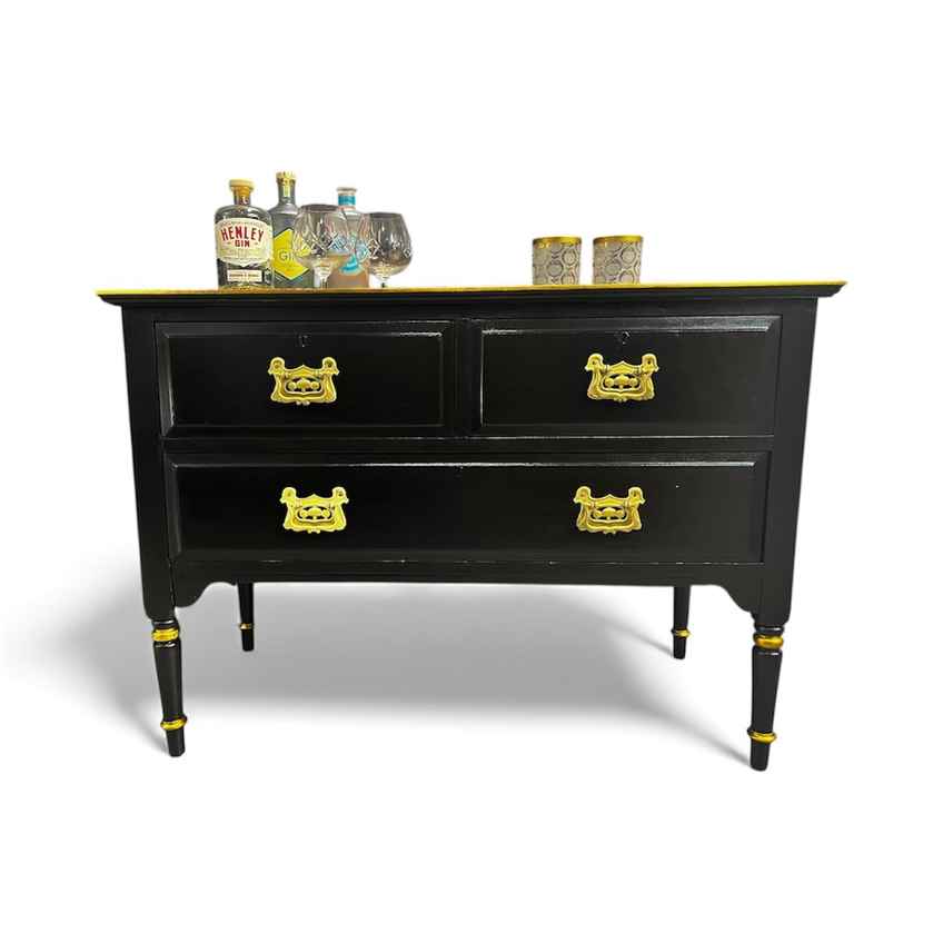 Large Chest Of Drawers Painted Bespoke Stencilled Upcycled Blue Gold  Geometric | Vinterior