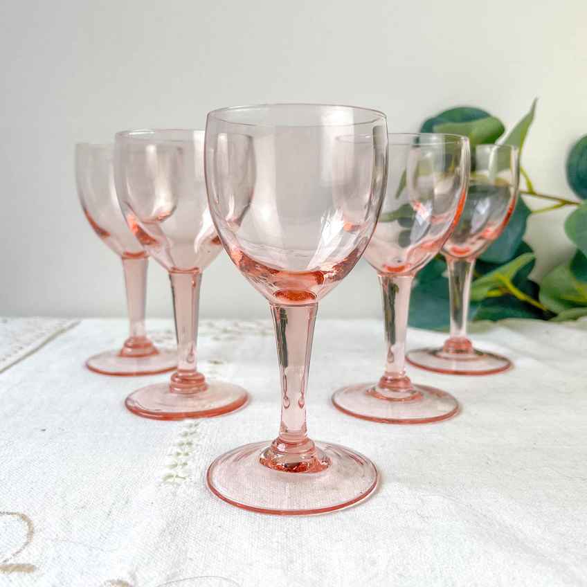 9 Vintage Faceted Pink Glass White Wine Glasses  1950s  French Elegance |  Vinterior