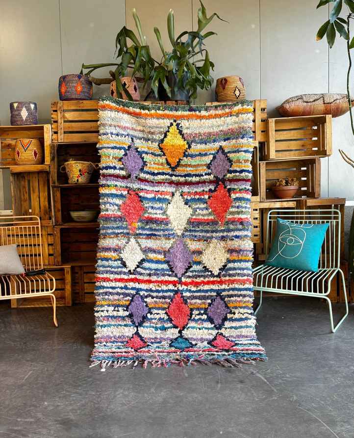 Tapis Marocain Boucherouite Vintage Fait Main - 213x141 Cm, Multicolore, Laine Et Coton - Occasion Très Bon état