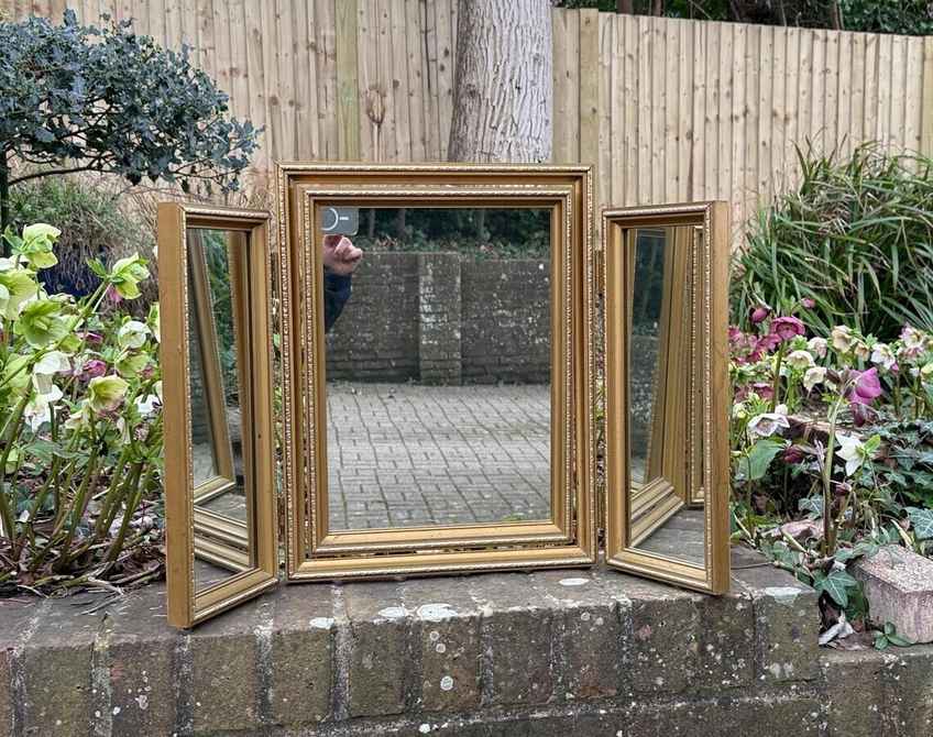 gold triple dressing table mirror Tri-Fold Vanity Mirror-Antique Brass – Grats Decor Interior Design & Build  Inc