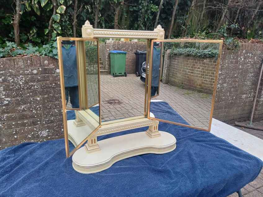 Vintage 80s Faux Bamboo Folding Vanity Mirror  Triple Bevelled Dressing  Table Mirror With Adjustable Panels | Vinterior
