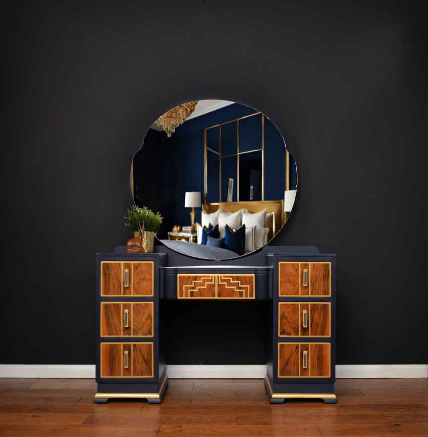 navy and gold dressing table Navy Blue Dressing Table with 2 Drawers and Metallic Trim - Isabella - Page 1