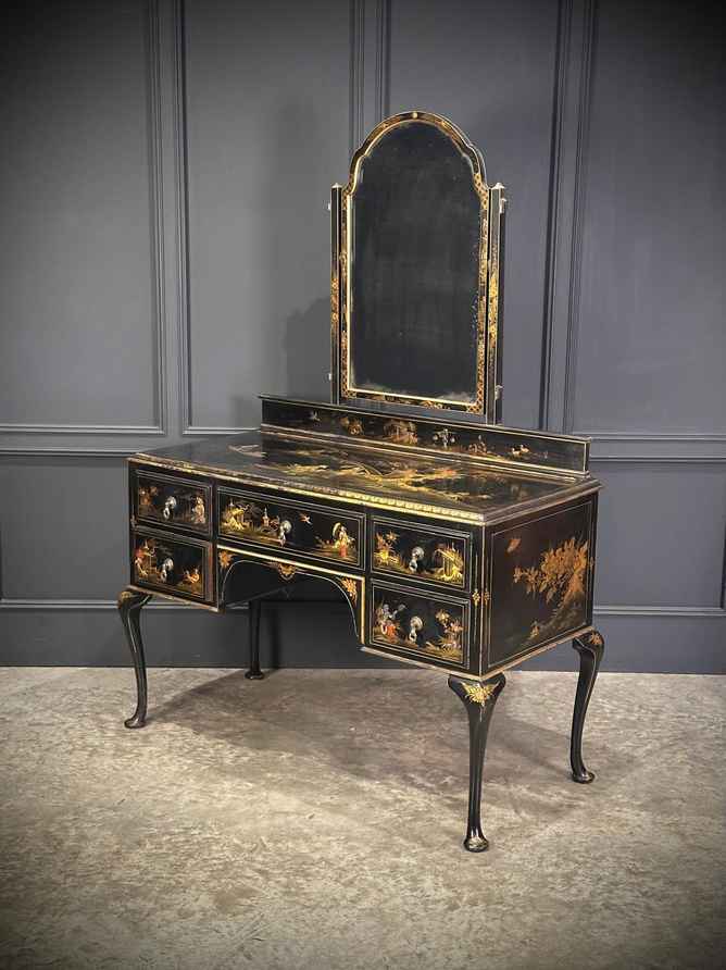 black antique dressing table Antique Makeup Vanity / Dressing Table Black Brass Trifold Mirror Art Deco 1920s
