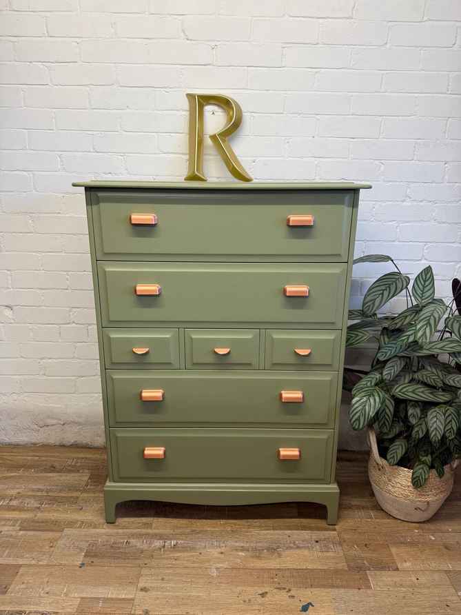 Stag Minstrel Furniture Tallboy Chest Of Drawers Painted Green | John & Sylvia Reid | Stag | Vinterior Stag Minstrel Furniture Tallboy Chest Of Drawers Painted Green | John & Sylvia Reid | Stag | Vinterior