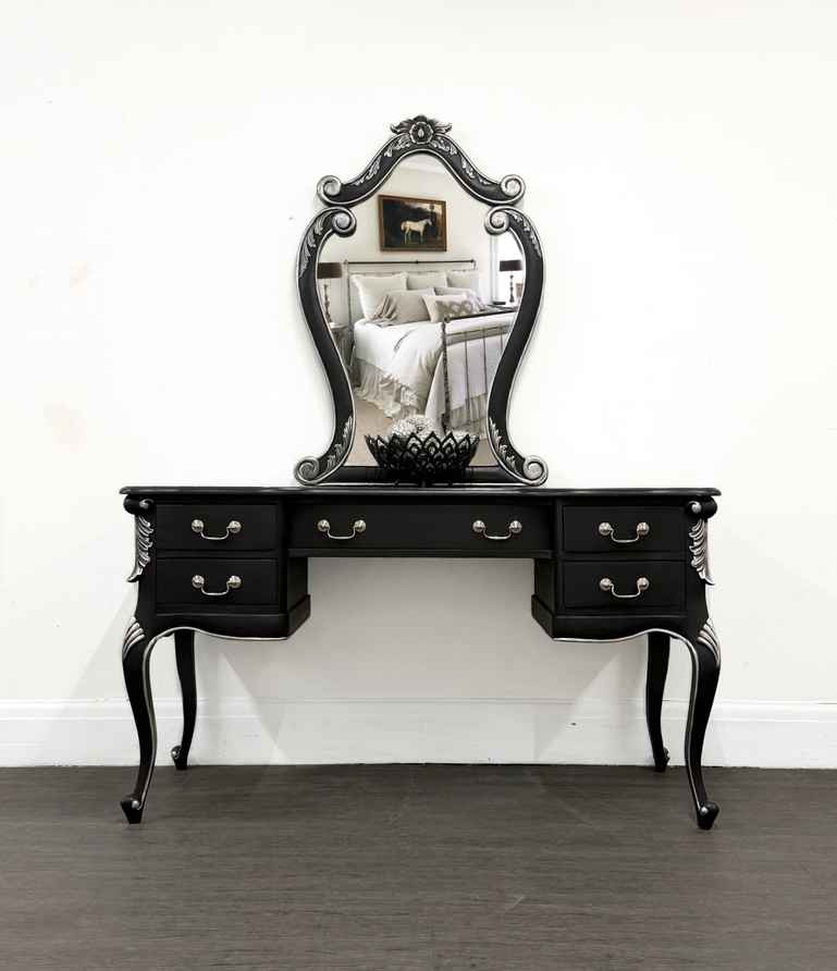 antique black dressing table Antique Makeup Vanity / Dressing Table Black Brass Trifold Mirror Art Deco 1920s