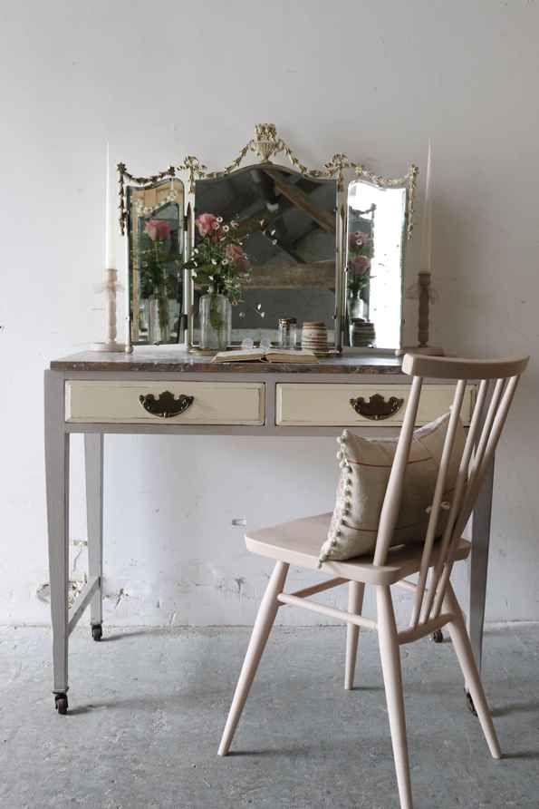 Restored Vintage 1940s Dressing Table In Pastille Grey And Linen | Vinterior