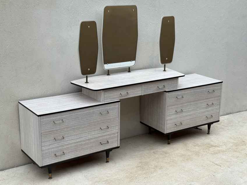 Restored Vintage 1940s Dressing Table In Pastille Grey And Linen | Vinterior Restored Vintage 1940s Dressing Table In Pastille Grey And Linen | Vinterior