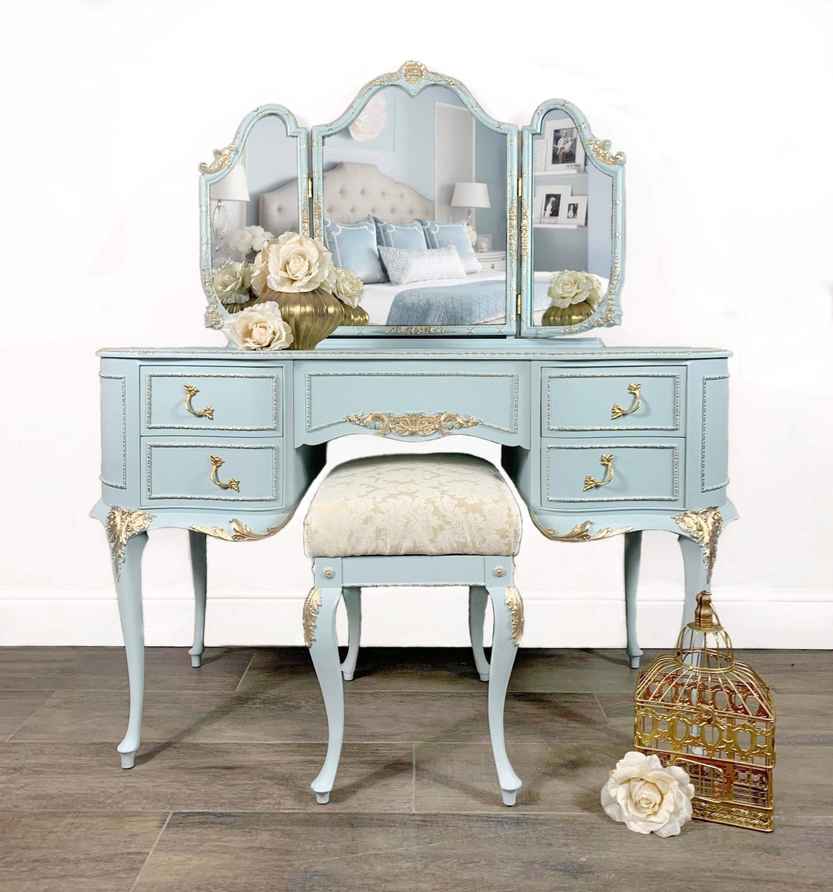 Blue Louis Dressing Table With Mirror And Stool | Vinterior