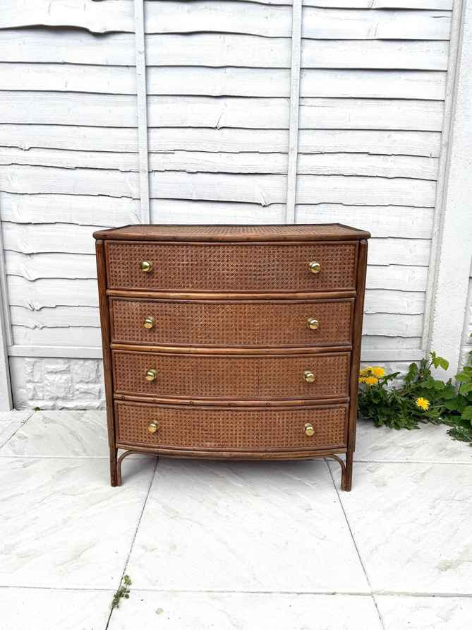 Vintage Dark Brown Cane And Bamboo Vintage Chest Of Drawers | Vinterior