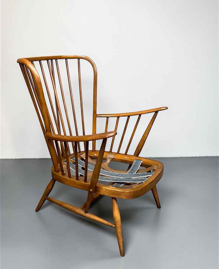 Rocking Chair Ercol Par Lucian Ercolani - 1956 - Teck Et Beige - Bon état Vintage