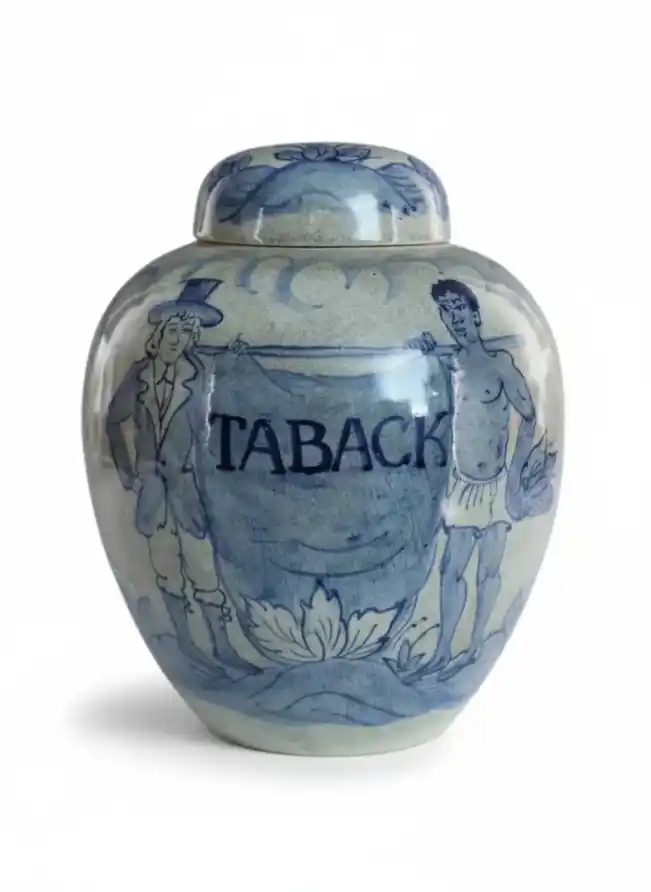 lead tobacco jar Painted 1840's An 18th century lead tobacco