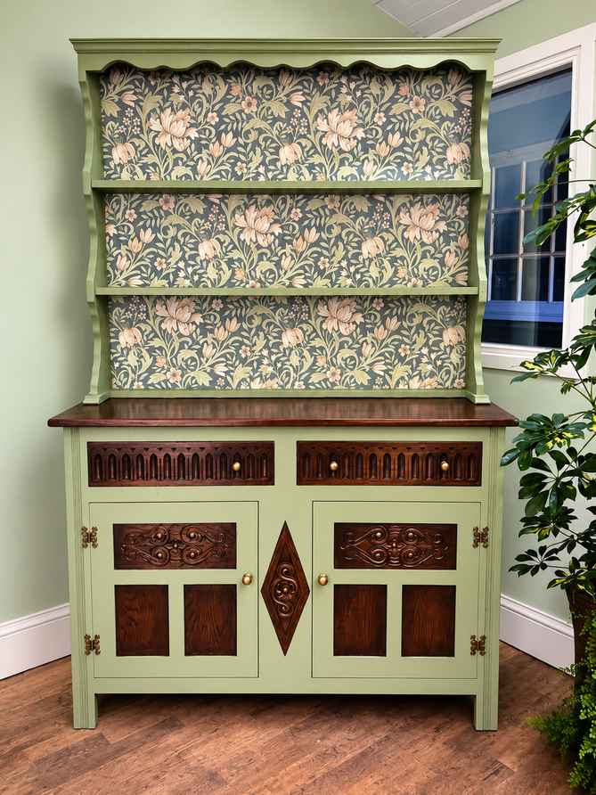 green painted welsh dresser Vintage Sage Green, Oak & William Morris Inspired Botanical Drinks Cabinet painted welsh dresser