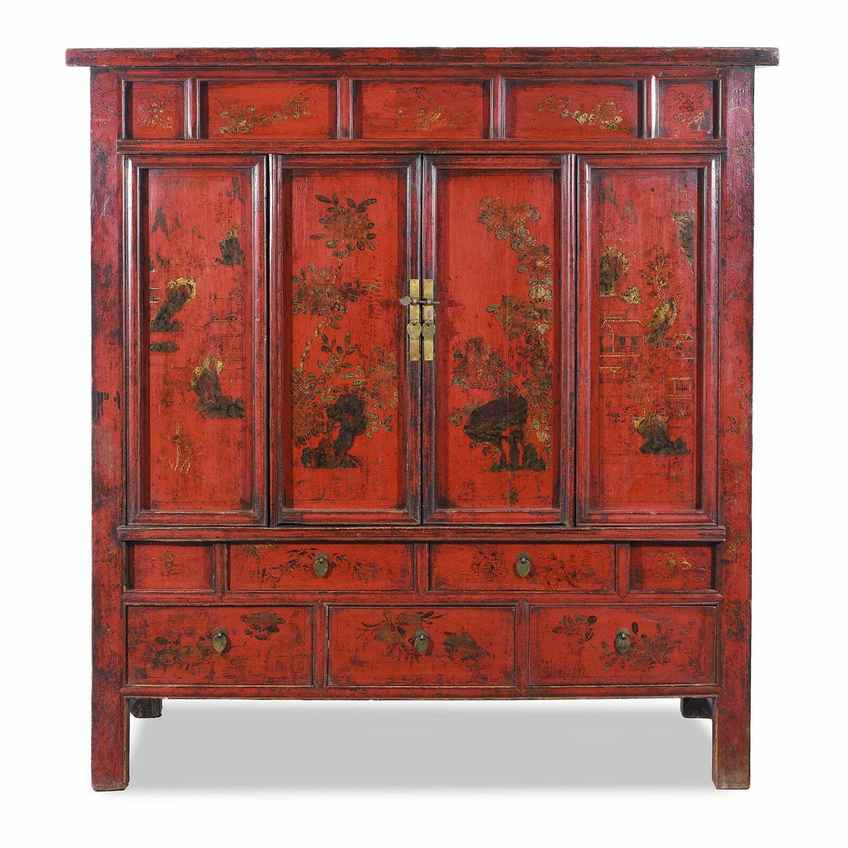 Antique Chinese Red Lacquer Wedding Cabinet From Shanxi 19thc