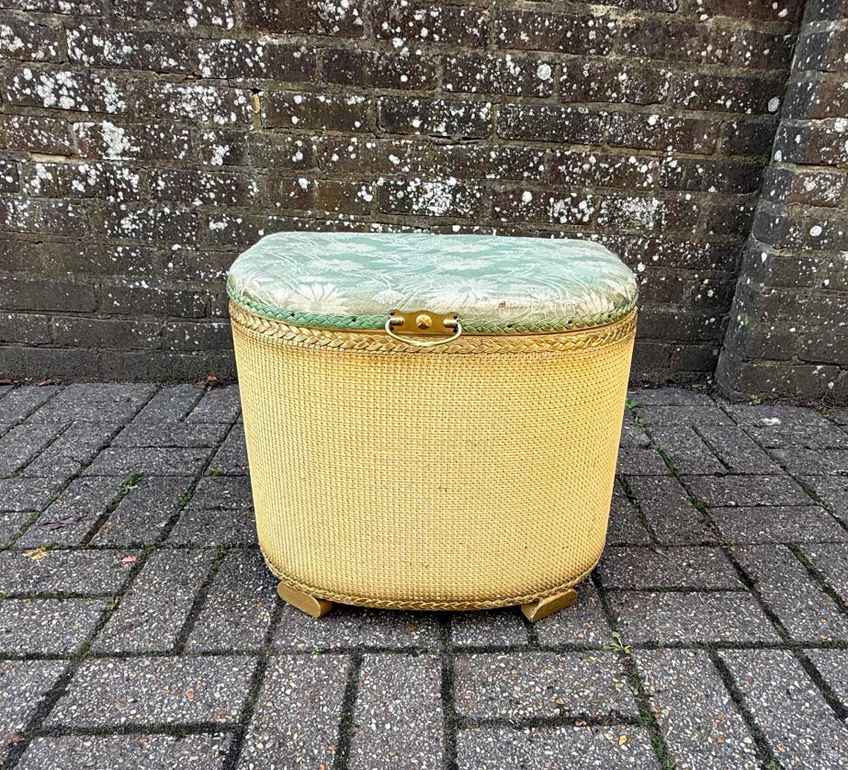 Vintage Retro Lloyd Loom Style Linen Basket Glass Top Plant Stand
