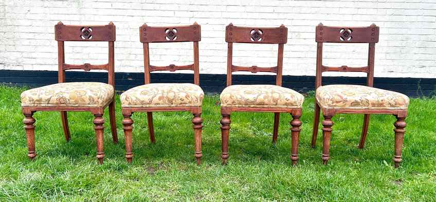 Set Of Six Victorian Pine Gothic Antique Chapel Church Chairs