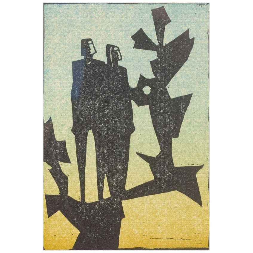 åke Holm. Woodcut On Paper. Composition With Two Figures (David