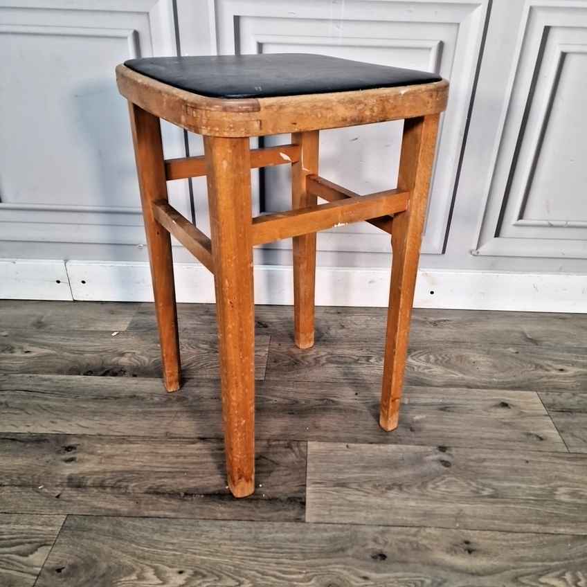 Vintage Wooden Stool Mid Century Black Vinyl Seat – Utility