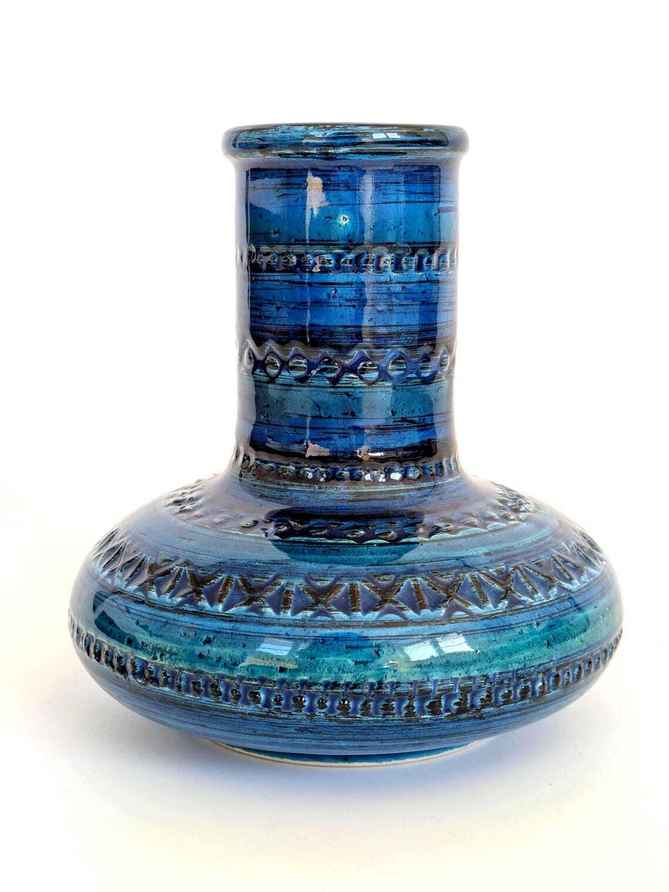 Vintage Bitossi Rimini Blu Cylinder Vase With Medaillon Decor By