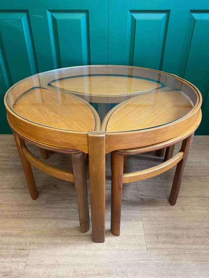 Mid Century 1960s Danish Style Teak Nathan Trinity Circular Glass