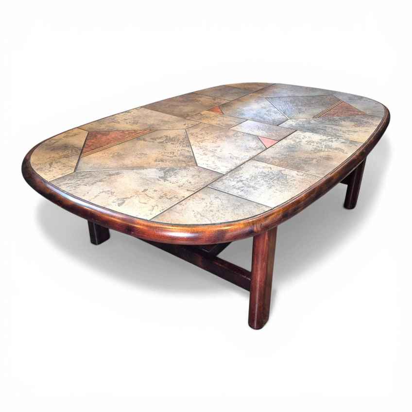 Brutalist Slate And Stone Coffee Table With Copper Inlay In The