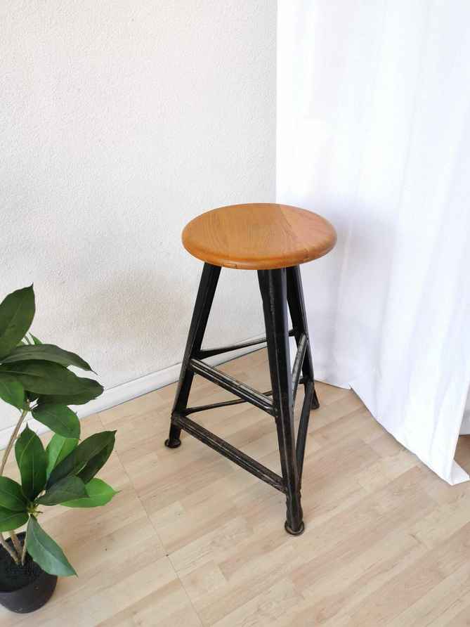 Vintage Wooden Stool Mid Century Black Vinyl Seat – Utility