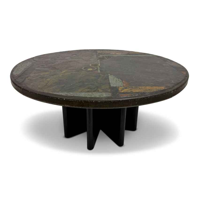 Brutalist Slate And Stone Coffee Table With Copper Inlay In The