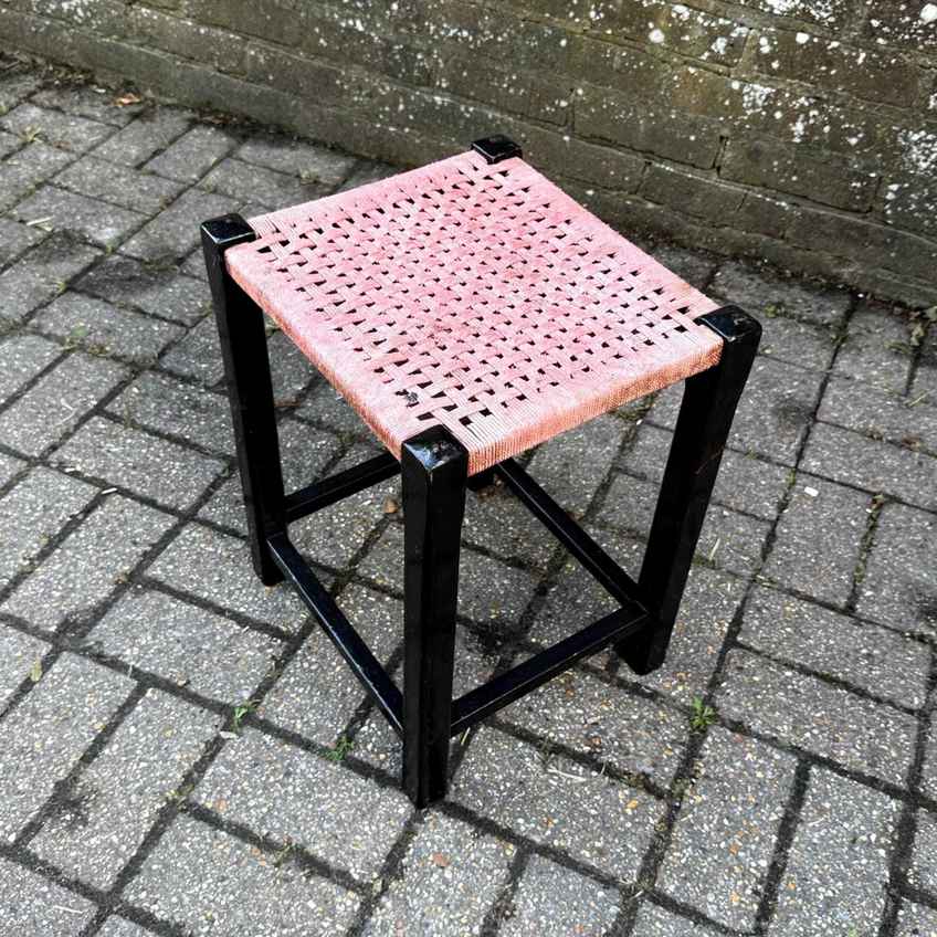 Vintage Wooden Stool With Woven Rope Seat Rustic Mid‑Century