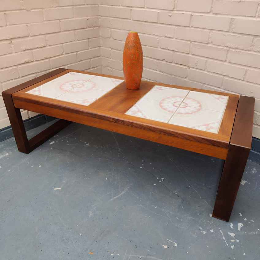 Signed Danish Ceramic Tiled Floating Ox Art Trioh Coffee Table