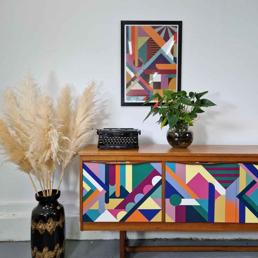 Mid Century Teak Sideboard With Geometric Design | Vinterior